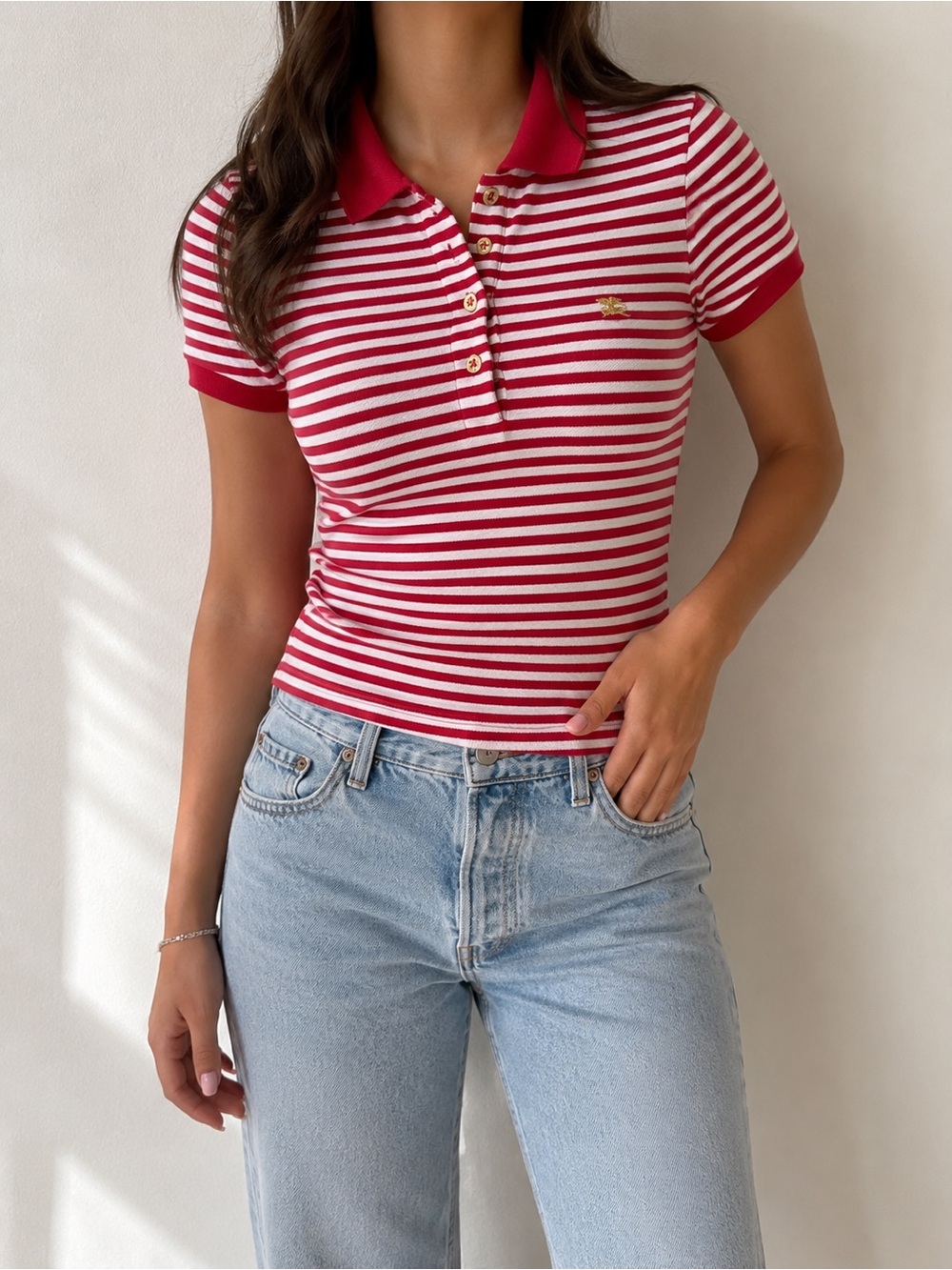 Vintage Burberry London Red & White Striped Polo Shirt